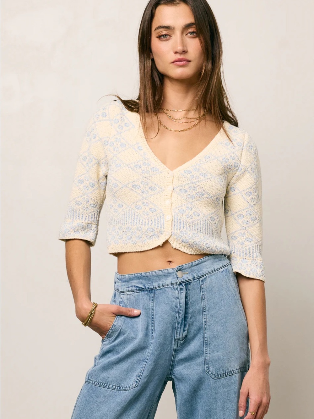 Millibon Cream and Light Blue Knit Sweater Top | Small